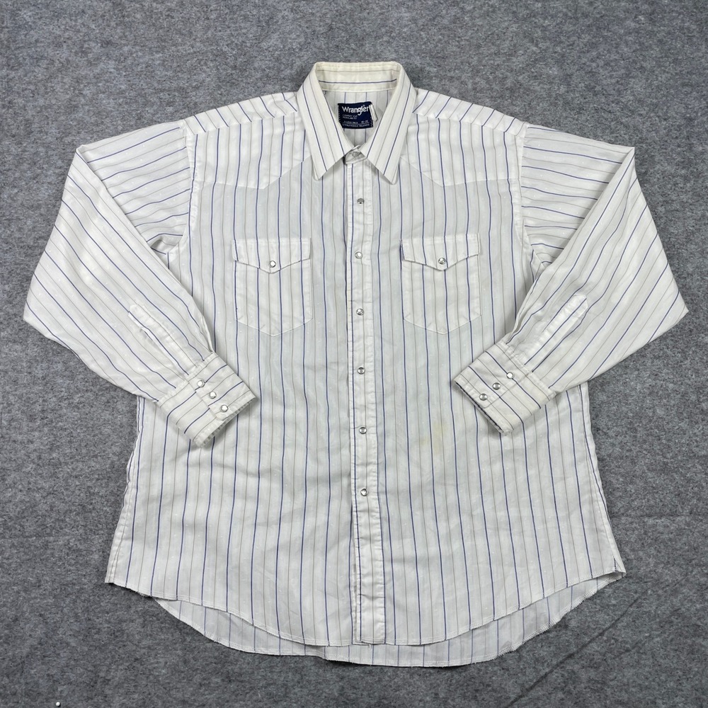 VTG 80s Wrangler Western Shirt Mens 18x35 White Striped Cowboy Cut Made In USA